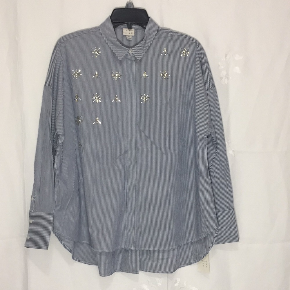 A New Day Top Womens Blue Striped Button Up Long Sleeves Size M. New